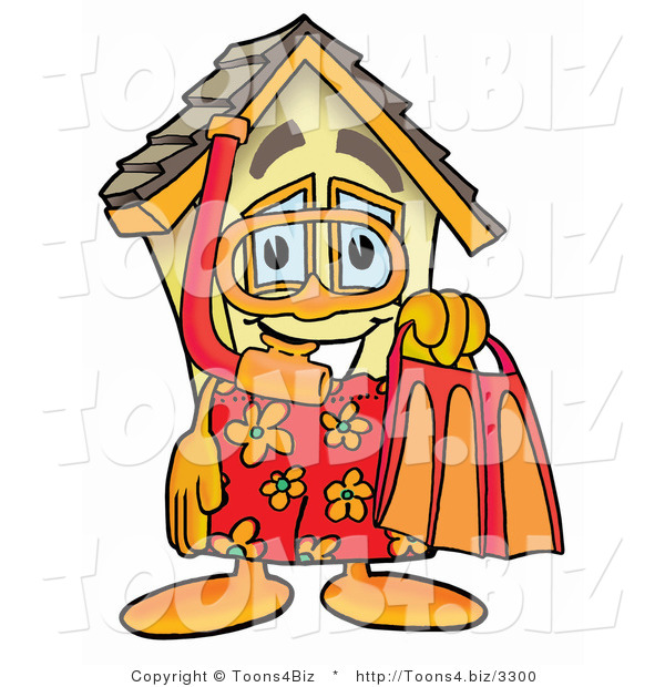Illustration of a Cartoon House Mascot in Orange and Red Snorkel Gear