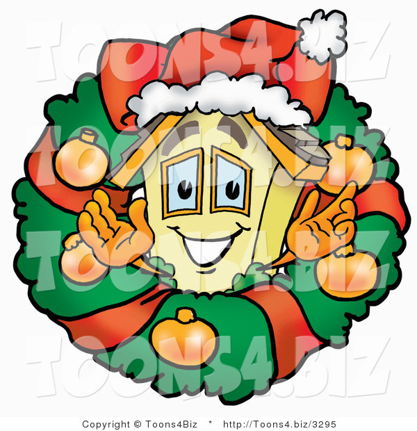 Illustration of a Cartoon House Mascot in the Center of a Christmas Wreath
