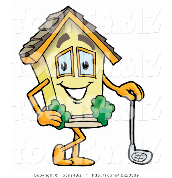 Illustration of a Cartoon House Mascot Leaning on a Golf Club While Golfing