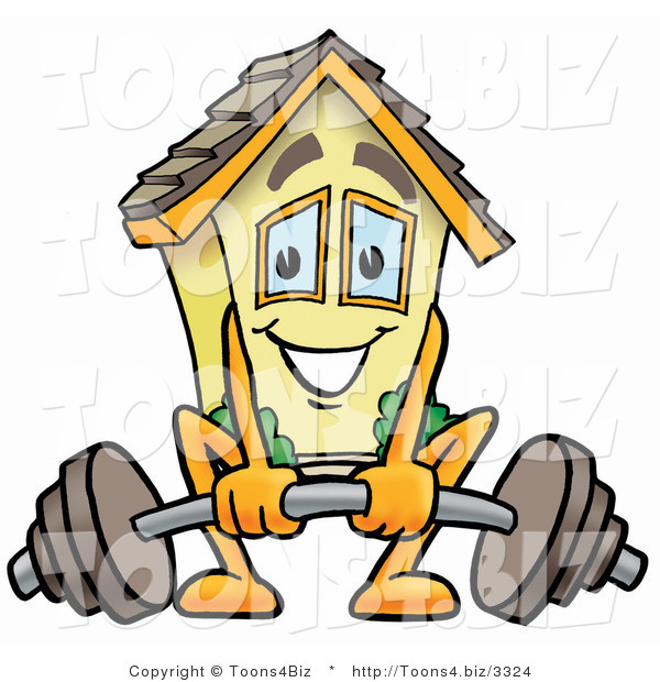 Illustration of a Cartoon House Mascot Lifting a Heavy Barbell