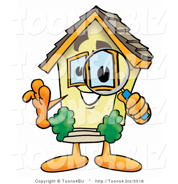 Illustration of a Cartoon House Mascot Looking Through a Magnifying Glass
