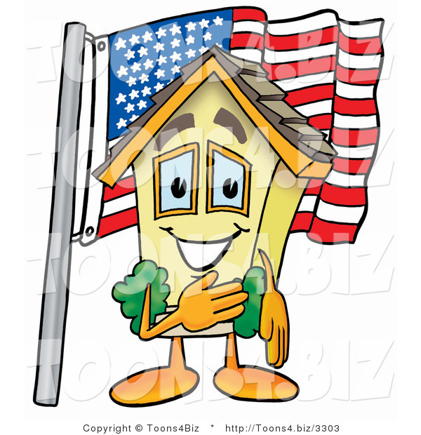 Illustration of a Cartoon House Mascot Pledging Allegiance to an American Flag