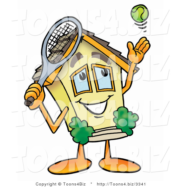 Illustration of a Cartoon House Mascot Preparing to Hit a Tennis Ball
