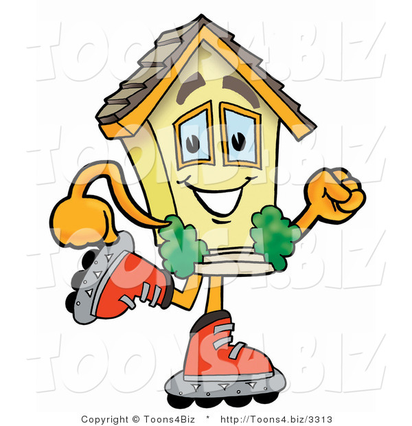 Illustration of a Cartoon House Mascot Roller Blading on Inline Skates