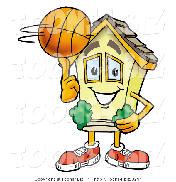Illustration of a Cartoon House Mascot Spinning a Basketball on His Finger