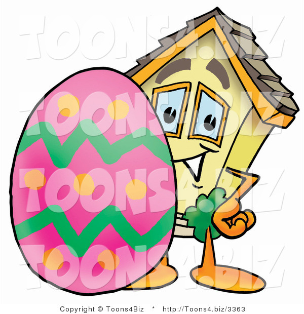 Illustration of a Cartoon House Mascot Standing Beside an Easter Egg