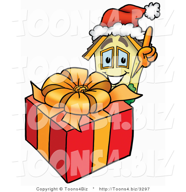 Illustration of a Cartoon House Mascot Standing by a Christmas Present