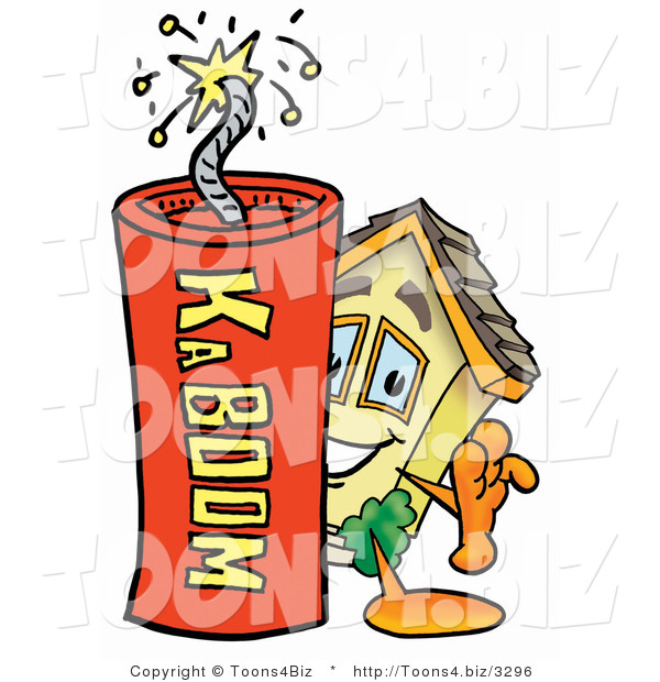 Illustration of a Cartoon House Mascot Standing with a Lit Stick of Dynamite