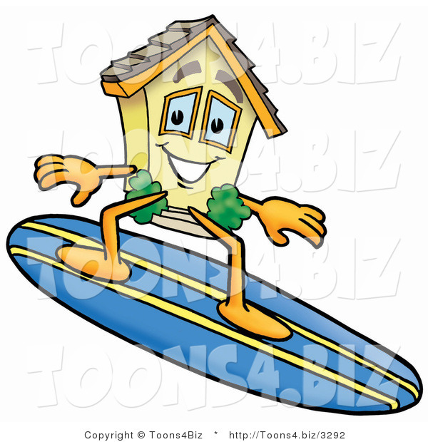 Illustration of a Cartoon House Mascot Surfing on a Blue and Yellow Surfboard