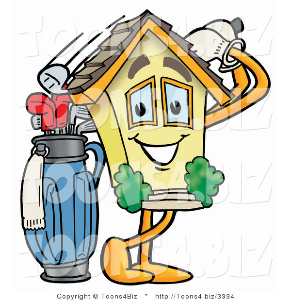Illustration of a Cartoon House Mascot Swinging His Golf Club While Golfing