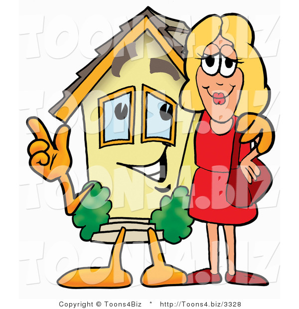 Illustration of a Cartoon House Mascot Talking to a Pretty Blond Woman