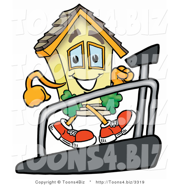 Illustration of a Cartoon House Mascot Walking on a Treadmill in a Fitness Gym