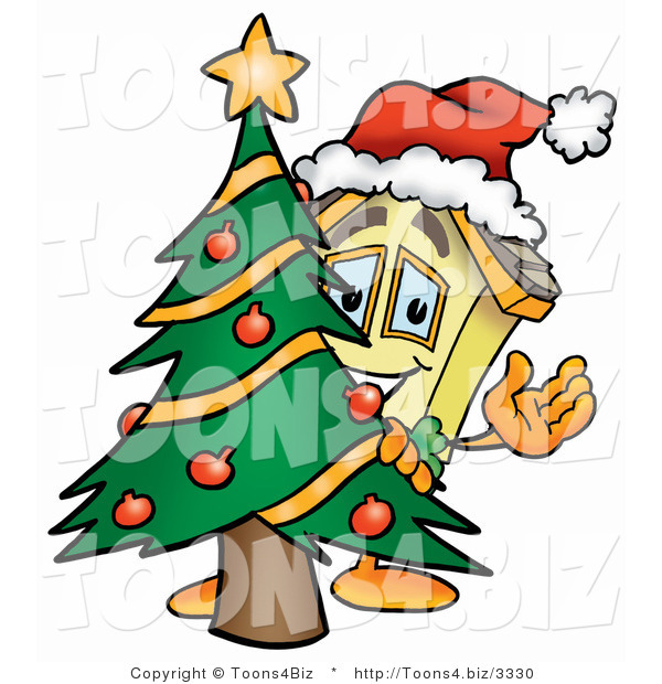 Illustration of a Cartoon House Mascot Waving and Standing by a Decorated Christmas Tree
