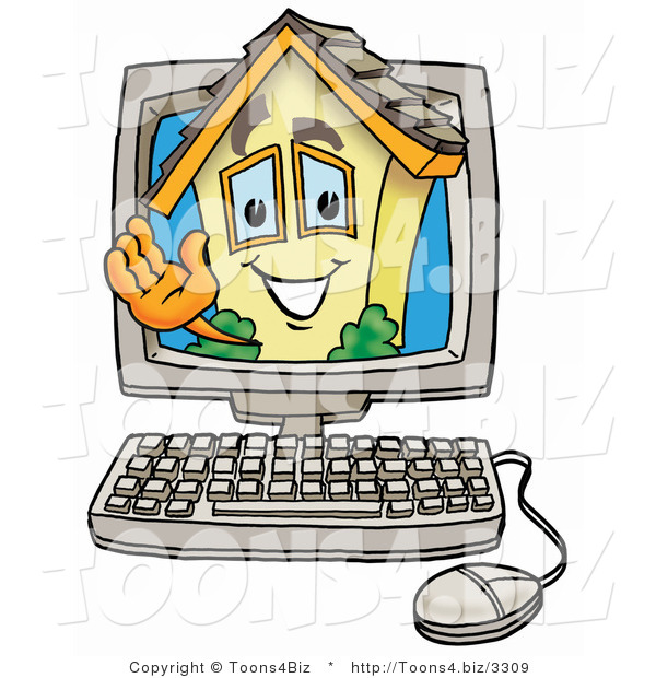 Illustration of a Cartoon House Mascot Waving from Inside a Computer Screen