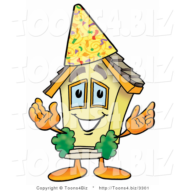 Illustration of a Cartoon House Mascot Wearing a Birthday Party Hat