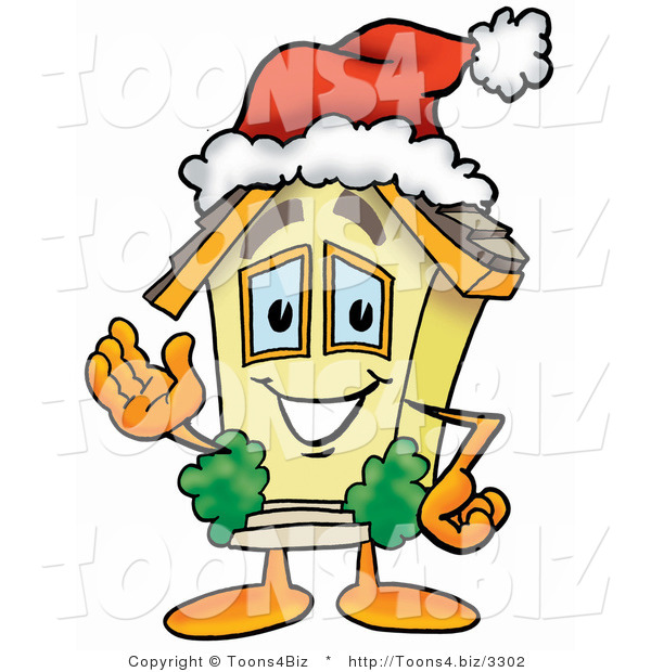 Illustration of a Cartoon House Mascot Wearing a Santa Hat and Waving