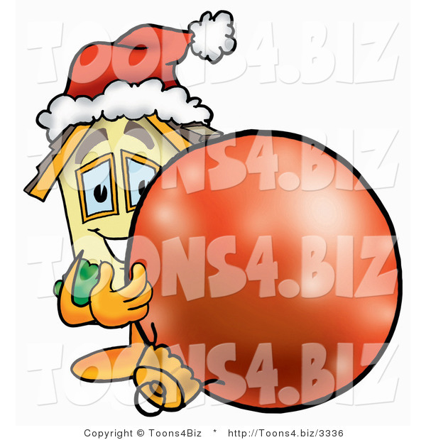 Illustration of a Cartoon House Mascot Wearing a Santa Hat, Standing with a Christmas Bauble
