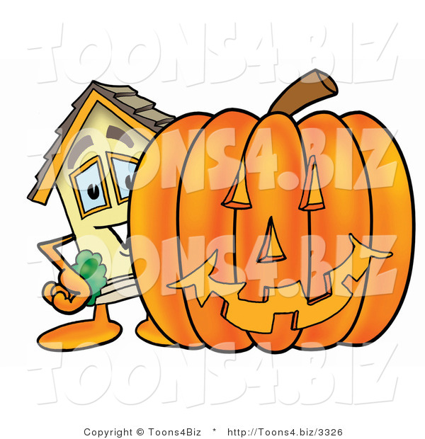 Illustration of a Cartoon House Mascot with a Carved Halloween Pumpkin