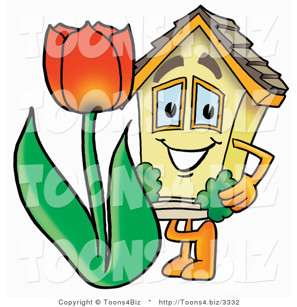 Illustration of a Cartoon House Mascot with a Red Tulip Flower in the Spring
