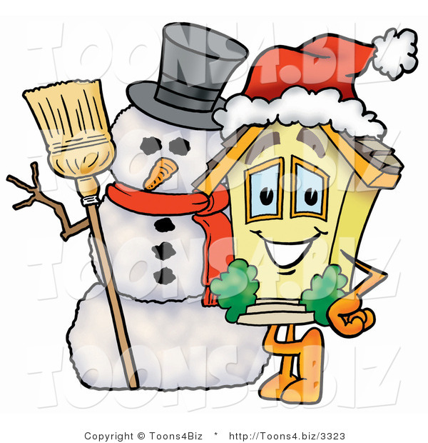 Illustration of a Cartoon House Mascot with a Snowman on Christmas