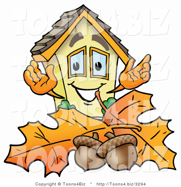 Illustration of a Cartoon House Mascot with Autumn Leaves and Acorns in the Fall