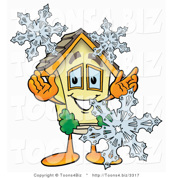 Illustration of a Cartoon House Mascot with Three Snowflakes in Winter
