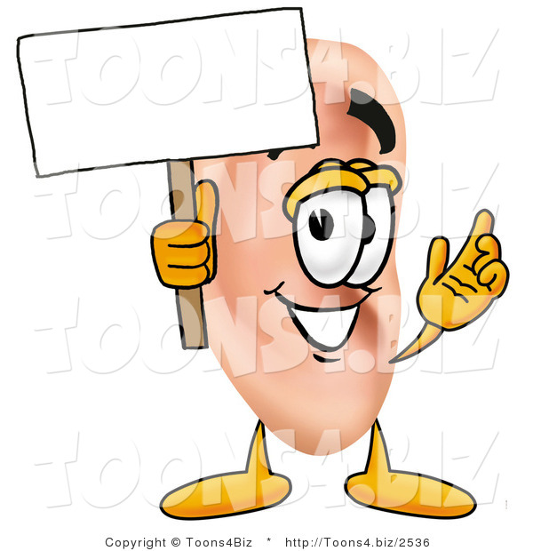 Illustration of a Cartoon Human Ear Mascot Holding a Blank Sign