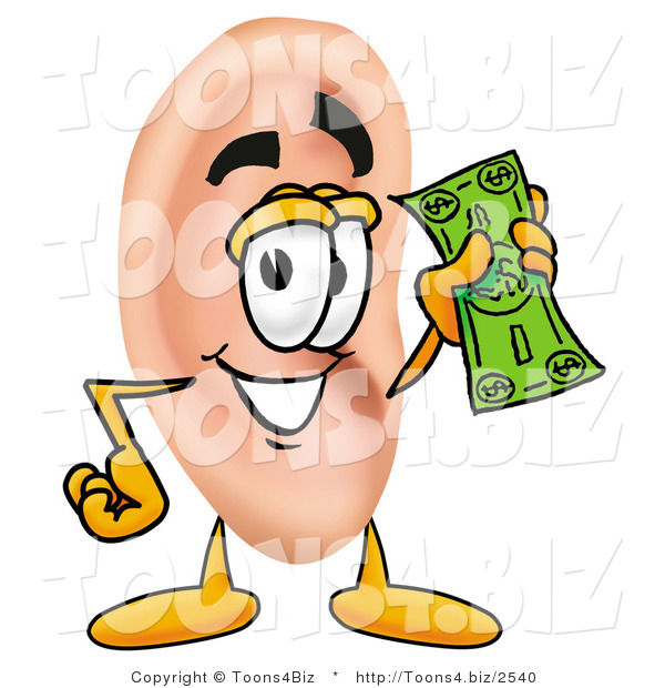Illustration of a Cartoon Human Ear Mascot Holding a Dollar Bill