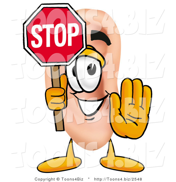 Illustration of a Cartoon Human Ear Mascot Holding a Stop Sign