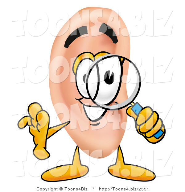 Illustration of a Cartoon Human Ear Mascot Looking Through a Magnifying Glass