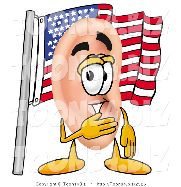 Illustration of a Cartoon Human Ear Mascot Pledging Allegiance to an American Flag