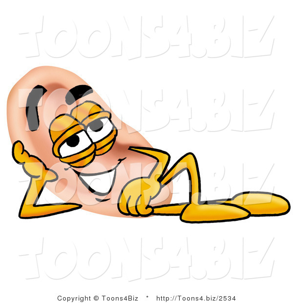 Illustration of a Cartoon Human Ear Mascot Resting His Head on His Hand