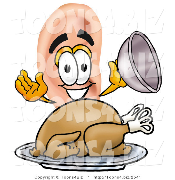 Illustration of a Cartoon Human Ear Mascot Serving a Thanksgiving Turkey on a Platter