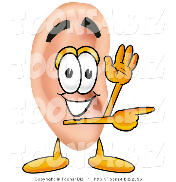 Illustration of a Cartoon Human Ear Mascot Waving and Pointing