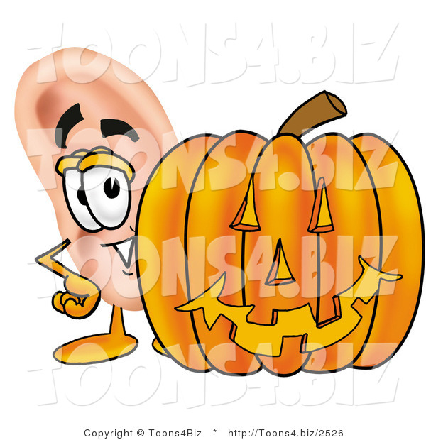 Illustration of a Cartoon Human Ear Mascot with a Carved Halloween Pumpkin