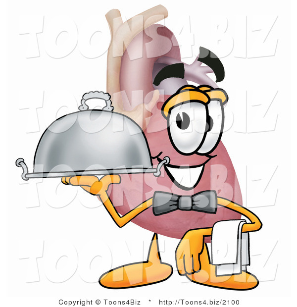 Illustration of a Cartoon Human Heart Mascot Dressed As a Waiter and Holding a Serving Platter