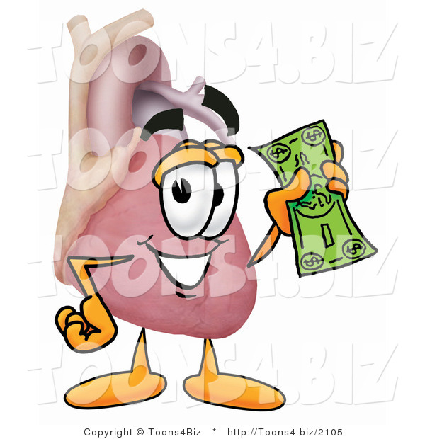 Illustration of a Cartoon Human Heart Mascot Holding a Dollar Bill