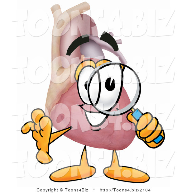 Illustration of a Cartoon Human Heart Mascot Looking Through a Magnifying Glass