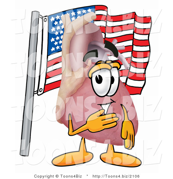 Illustration of a Cartoon Human Heart Mascot Pledging Allegiance to an American Flag