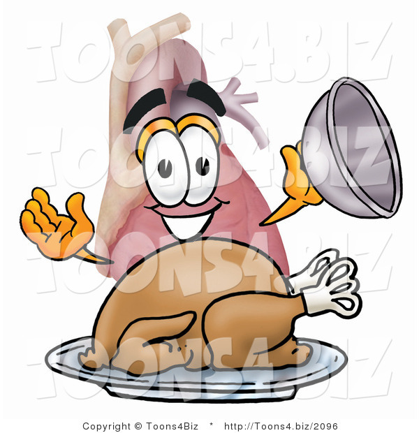 Illustration of a Cartoon Human Heart Mascot Serving a Thanksgiving Turkey on a Platter