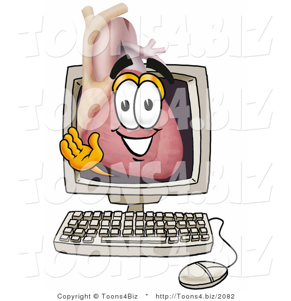 Illustration of a Cartoon Human Heart Mascot Waving from Inside a Computer Screen