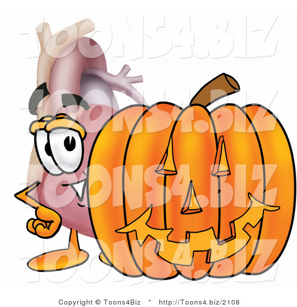 Illustration of a Cartoon Human Heart Mascot with a Carved Halloween Pumpkin