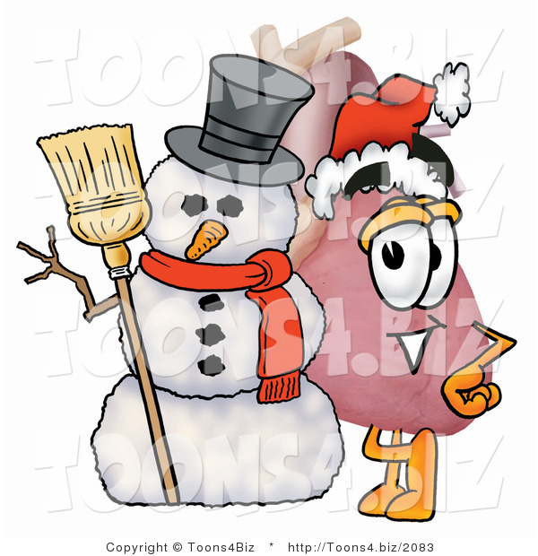 Illustration of a Cartoon Human Heart Mascot with a Snowman on Christmas