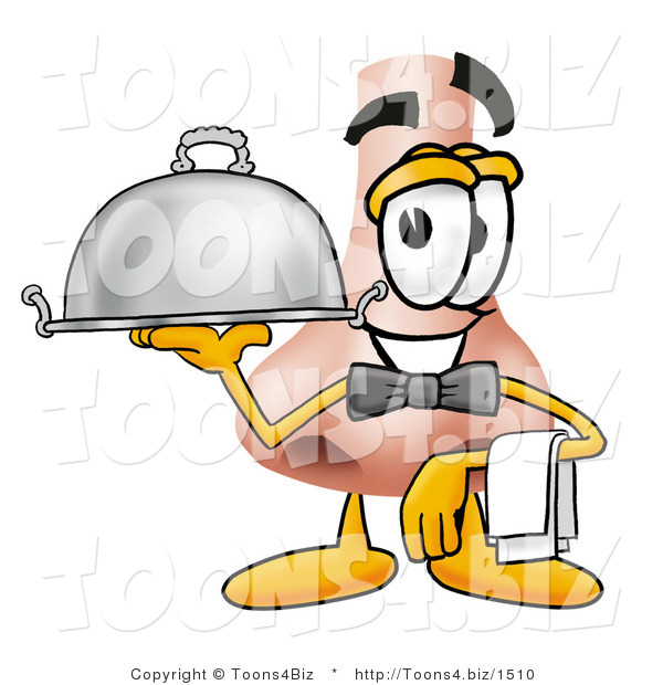 Illustration of a Cartoon Human Nose Mascot Dressed As a Waiter and Holding a Serving Platter