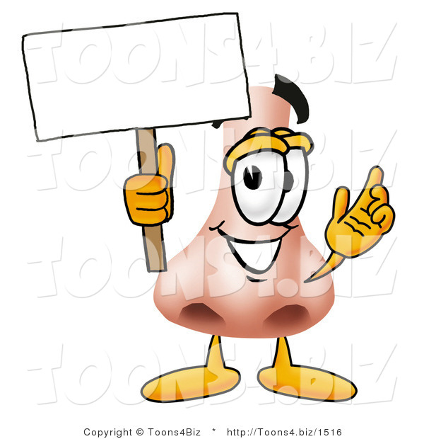 Illustration of a Cartoon Human Nose Mascot Holding a Blank Sign