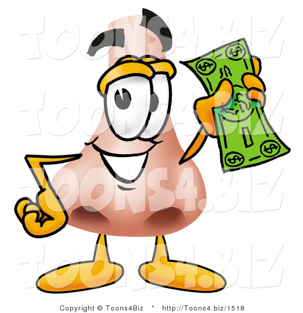 Illustration of a Cartoon Human Nose Mascot Holding a Dollar Bill