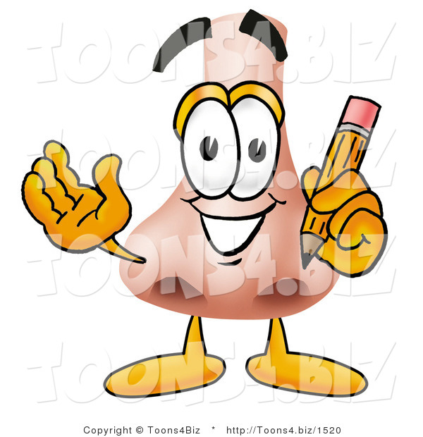 Illustration of a Cartoon Human Nose Mascot Holding a Pencil