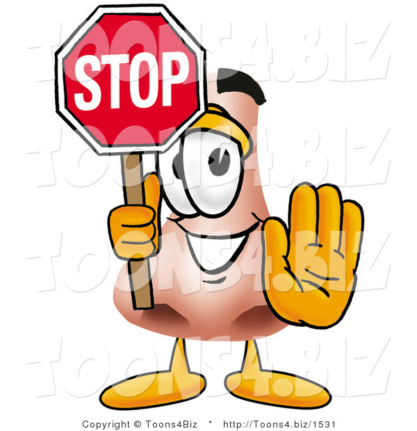 Illustration of a Cartoon Human Nose Mascot Holding a Stop Sign