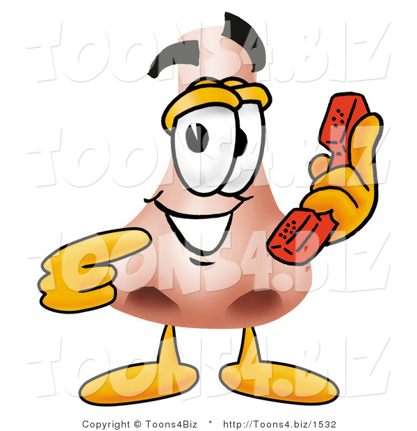 Illustration of a Cartoon Human Nose Mascot Holding a Telephone