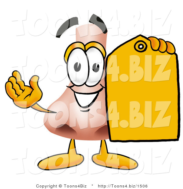 Illustration of a Cartoon Human Nose Mascot Holding a Yellow Sales Price Tag
